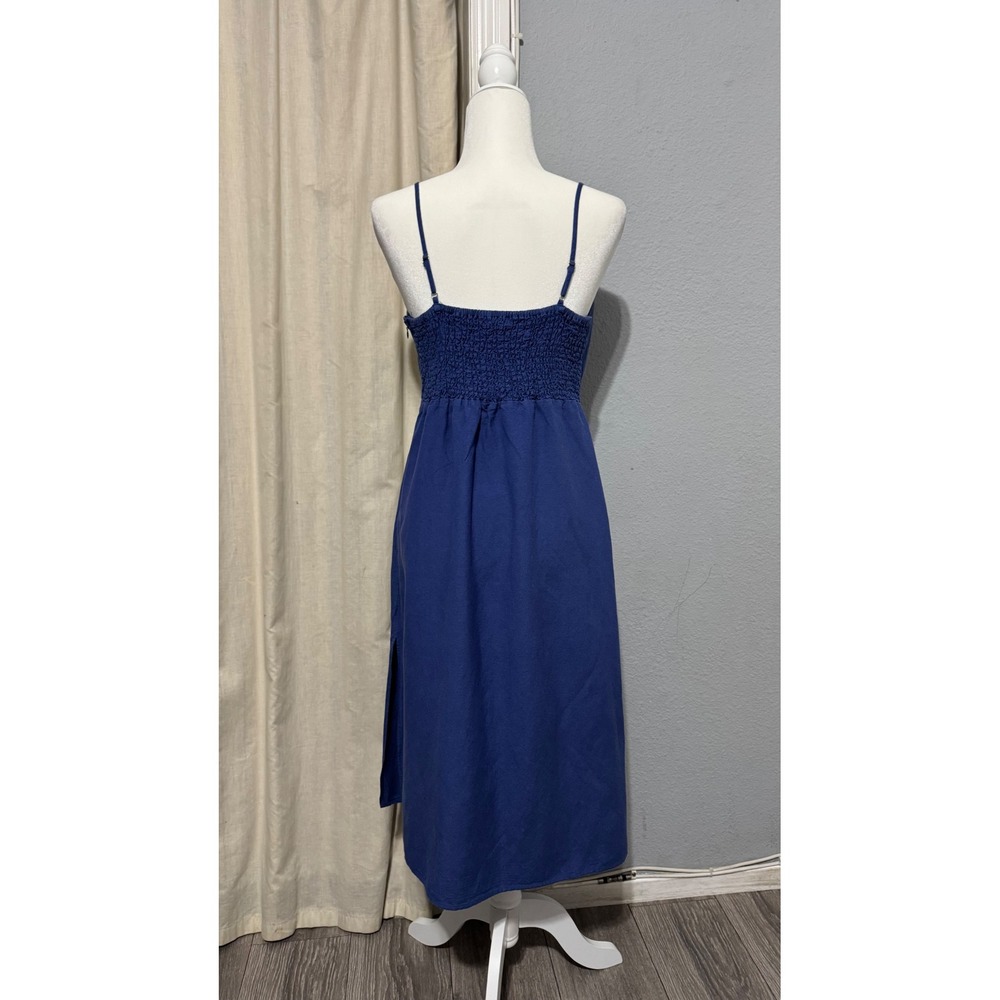 Adeline Cottagecore Blue Linen Blend Midi Dress L Bow Sweetheart Neck Smocked - Picture 6 of 13